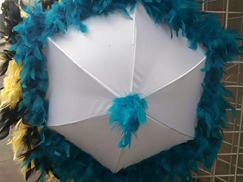 New Orleans White Second Line Parasol Umbrella with Teal Blue Feather Accent