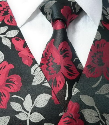 TheDapperTie Silk Vest Set:Floral Black And Red 91HVS(Size: M)