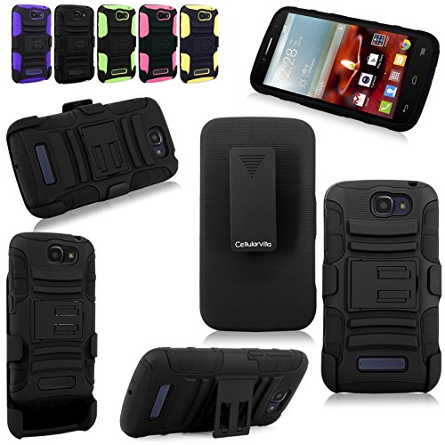 One Touch Fierce 2 - Cellularvilla Hard Soft Dual Layer Hybrid Armor Shell Holster Kickstand Combo Case with Locking Belt Swivel Clip Case Cover for Alcatel One Touch Fierce 2 7040T (Black)