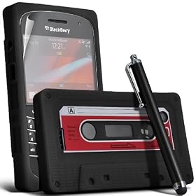 KC-Electronics Blackberry 9900 Bold Touch Black Retro Cassette Tape Silicone Case Skin Cover + White High Capacitive Stylus Pen + LCD Screen Protector Guard