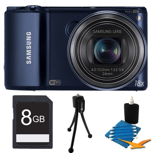 Samsung WB250F Smart Digital Camera, 14.2 Megapixel, 18x Optical Zoom, 3.0" LCD Display, Wi-Fi, Cobalt Black Bundle Includes 8 GB Memory Card, Card Reader, Deluxe Carrying Case, Mini Tripod, and 3Pcs. Lens Cleaning Kit.