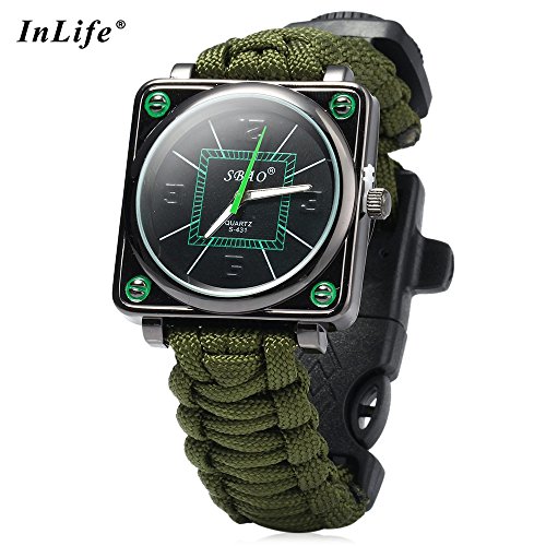 Inlife Paracord Outdoor Watch Survival Compass Whistle Fire Starter Watchband Bracelet