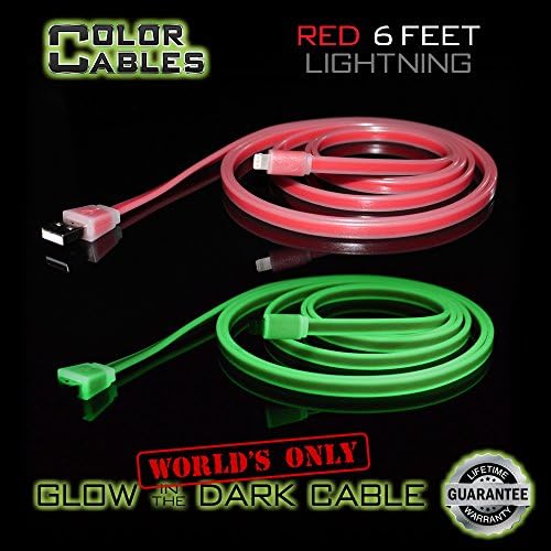 Color Cables: Apple Lightning Charge and Sync Data Cable (RED - 6FT) Glow in the Dark - 1.8M Extra Long - Extra Tough - No Tangle - High-Speed - Premium Lightning to USB A Cable