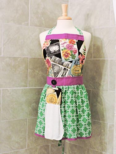 Apron by The Bedford Life: Women's (One Size) Garden design with seed packets & flowers with green & White quatrefoil 100% Cotton Mommy & Daughter available. See other listings