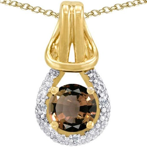 Candygem Genuine 14K Gold Genuine Round Smoky Quartz and Diamond Pendant