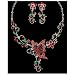 Acosta - Red Enamel & Crystal - Floral Butterfly Necklace & Earring Set - Silver Tone Costume Jewellery - Gift Boxed