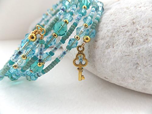 Teal Bangle - Czech glass and aqua/turquoise beaded, gold memory wire bracelet and earring set