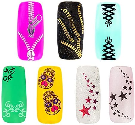 Premium Nail Art Decorations Set Kit of Nails Stickers Decals With 7 Different Designs of Laced Corsets, Skulls, Stars, Floral Patterns, Zippers Zips By VAGA
