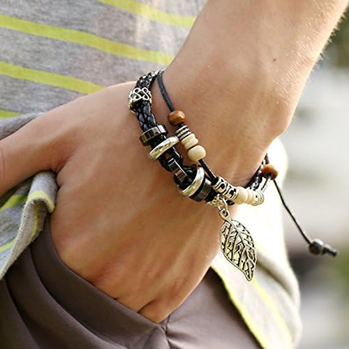 Goloy Metal Leaf Pendant Multi-strand PU Braided Rope Wooden Beads Adjustable Wrap Bracelet(Black)