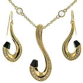 Sterling Silver Gold 14k Plate CZ Swarovski Crystals Black Onyx Curl Pendant Necklace and Earring Set Jewelry Bucasi