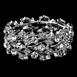 Bridal Jewelry Crystal Rhinestone Floral Leaf Vine Stretch Bracelet Silver Clear