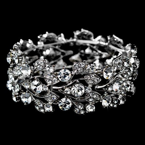 Bridal Jewelry Crystal Rhinestone Floral Leaf Vine Stretch Bracelet Silver Clear