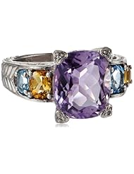 Rhodium Plated Sterling Silver with Faceted Amethyst Stone Center, Citrine, Blue Topaz, and White Topaz Additions Ring, Size 7