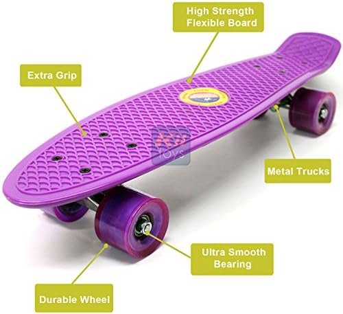 Plastic Skateboard Penny Retro 22" Mini Street Cruiser - High Strength Skate Sun Board Deck Vintage Surf with Fish Scale Grip Pattern, 60mm Smooth Polyurethane Wheels, Ultra Durable Metal Trucks and Bearings (Purple) by KiiSports®