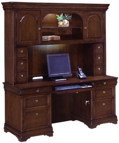 Sand Granite and Charcoal Credenza with Hutch In Space Sand Granite Collection by Bestar Office Furn