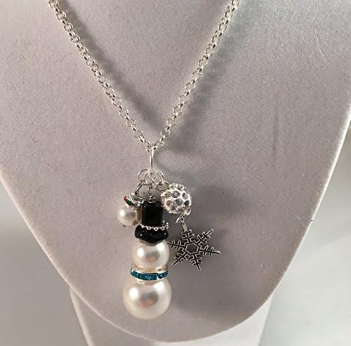 Holiday Pendant Style Charm Necklace with Swarovski Pearl Snowman, Pewter Snowflake and Pearl and Crystal Accents