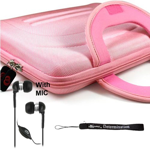 eBigValue: Pink Protective Hard Nylon Carrying Case for Sony DVP-FX970 9-Inch Portable DVD Player + Includes a eBigValue Determination Hand Strap Key Chain + Includes a Crystal Clear High Quality HD Noise Filter Earbuds Earphones Handsfree 3.5mm Jack with