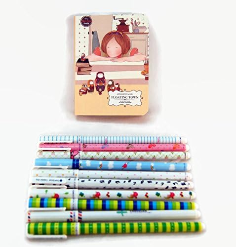 Nyashi - Cute Kawaii Stationery Set of 10 Color Gel Pens &amp; a Beautiful Pocket Notebook (Cat &amp; Girl Theme) (Yellow)