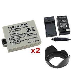 eForCity 2 Battery+Charger+Lens Hood LP-E5 for Canon EOS 1000D 450D 500D Rebel T1i XS Xsi
