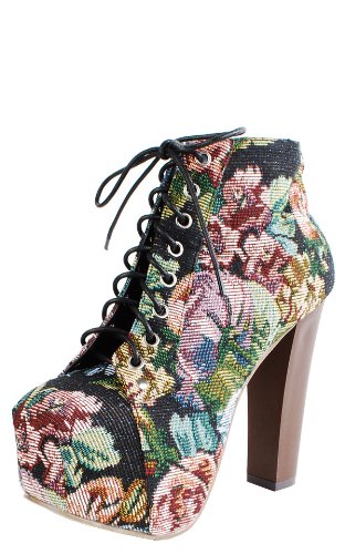 Floral Fabric Wooden Heel Booties BLACK
