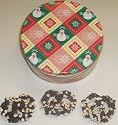 Scott's Cakes 1 lb. Dark Chocolate Covered Pretzel with Chocolate Chips & White Chocolate Chips in a Snowman Tin
