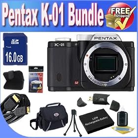 Pentax K-01 16MP APS-C CMOS Compact System Camera [Body] (Black) + Extended Life Battery + 16GB SDHC Class 10 Memory Card + USB Card Reader + Memory Card Wallet + Deluxe Case w/Strap + Shock Proof Deluxe Case + Mini HDMI to HDMI Cable + Accessory Saver Bundle!