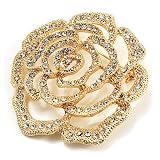 Oversized Clear Crystal Rose Brooch (Gold Tone)