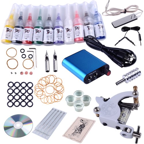 Complete Tattoo Kit Machines 10 Color Inks Power Supply K-4