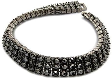 Men's 2 - 12 Row Bracelets Simulated Diamond Clear CZ in Gold, Silver, Red, Black 8" CZ Iced Out Hip-Hop (3 Row Black)