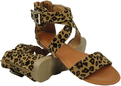 Women Flat Ankle Zipper Back Closure Leopard Print Comfort Sandals Tan Size 5.5-10