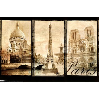 (22x34) Paris (Triptych, Sacre Couer, Eiffel Tower, Notre Dame) Art Poster Print