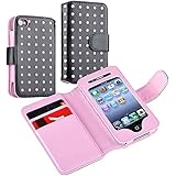 eForCity Wallet Leather Case compatible with Apple iPhone 4 / 4S, Black / Pink Dot - Retail Packaging - Pink