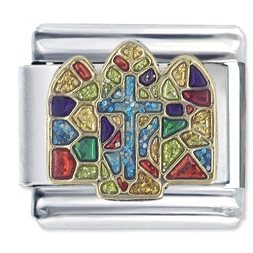 Pugster Italian Charm religious Cross on Stained Glass Bracelet Link