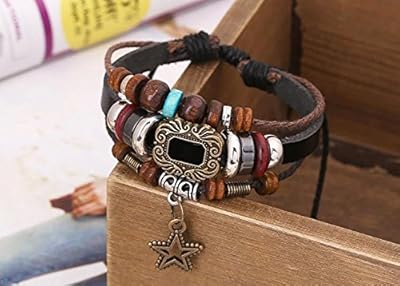 Nice Buckey ePunk Style Wood Beads Decorated Star Pendant Wrap Bacelet