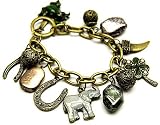 Designer Look Lucky Elephant, Clover, Horseshoe, Frog Themed Charm Bracelet Burnished Gold Tone
