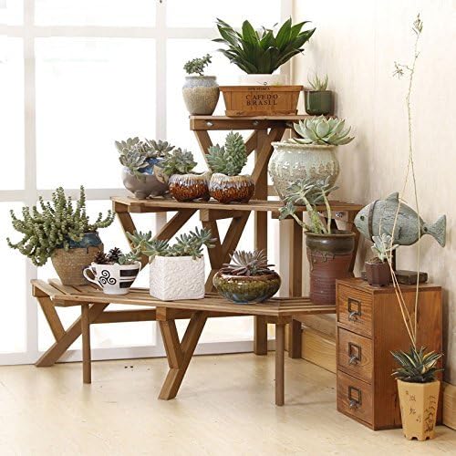 EdenHome Indoor Outdoor 3 Tier Wooden Conner Standing Flower Pot Rack Step Style Plant Display Stand Shelf, Dark Brown