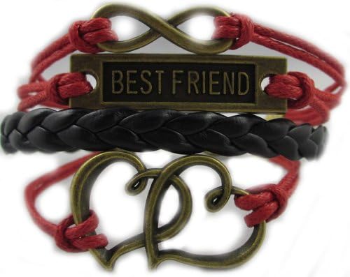 Ftbstyle Vintage Silver Infinity Heart Best Friend Bracelet Leather Braid Bangle (Red)