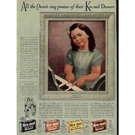 Willy Pogany, famous American artist, depicts the lovely personality of ANNETTE DIONNE. What an interesting little person she is! This most talented of the Dionne Quints expresses her many and varying moods in music. She can't read a note, but has exceptional "musical ear" and can play almost any tune with two fingers. ..... 1940 Kre-mel Dessert Ad, A4856.