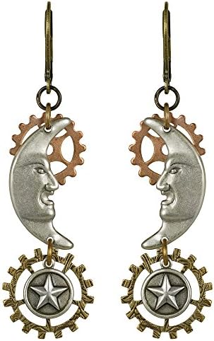 Tri-tone Steampunk Moon and Star Dangle Earrings | Nickel-free Brass with Retro Style