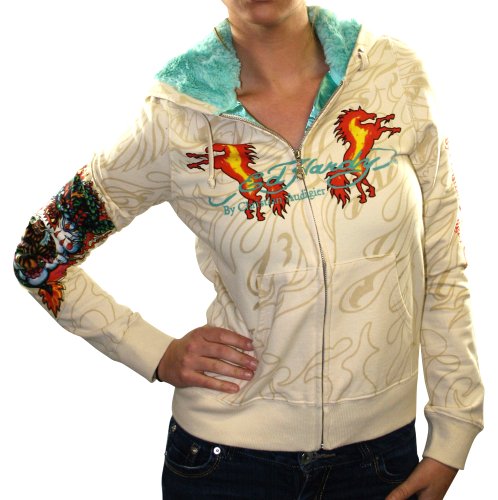 ED HARDY Christian Audigier Womens Horse Faux Fur Hoodie Hooded Sweatshirt Top