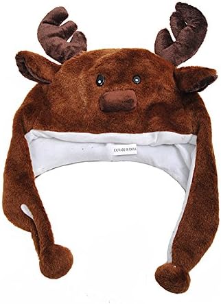 Plush Brown Moose Caribou Hat With Ear Flaps & Pom Poms