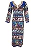 Womens Indian Tunic Caftan Blue Printed Dress with White Stone Brooch Small