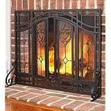 Small Two-Door Floral Fireplace Screen with Beveled Glass Panels, in Black
