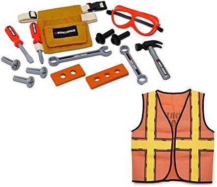 14-Piece Toy Tool Belt Set & Orange Construction Vest Dress Up Bundle Set