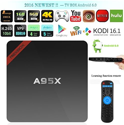 [2nd Generation] Nexbox A95X - Android 6.0 TV Box Amlogic S905X Quad Core - 3D 4K HD Support - Built in WiFi - 1GB/8GB - Kodi 16.1 Player Fully Loaded Streaming Media Player With Learning Remote