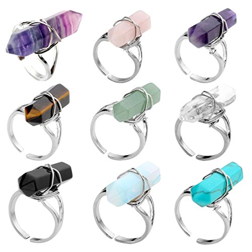 JOVIVI Jewelry Gemstone Hexagon Beads Healing Point Chakra Good luck Finger Ring --Adjustable Size