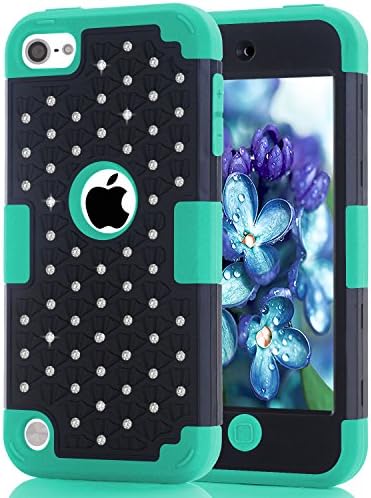 iPod Touch 5 Touch 6 Case,Durable 3in1 PC+Silicone Design Bumper Slim Crystal Bling Hybrid Armor Case fit for iPod Touch 5 Touch 6 Generation (Black/Grass)
