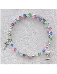First Holy Communion Childrens Girls Rosary Bracelet 6 1/2" Full Wrap Cross Medal & Sterling Chalice.