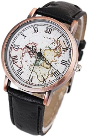 Omita® Vintage Women's World Map Wristwatch Roman Numerals Leather Band Casual Watches (Black)