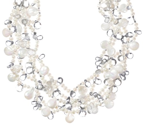 Sterling Silver Faceted Crystal and White Freshwater Cultured Pearl Necklace, 18''